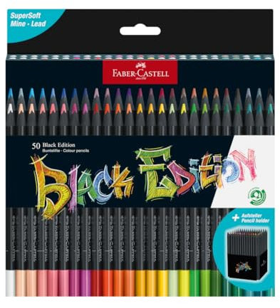 Faber-Castell 116450 - Buntstifte Blackwood, Black Edition, 50er Etui, leuchtende Farben mit weichem Abstrich, schwarzes Holz