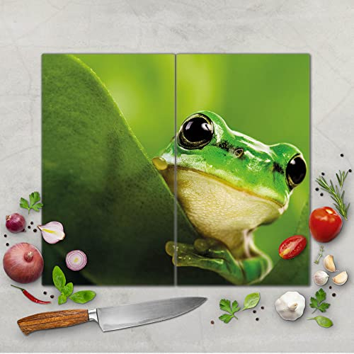 banjado Schneidebrett Glas mit Motiv Frosch - großes zweiteiliges Glasschneidebrett rechteckig 2 x 30 cm x 52 cm - auch verwendbar als Schneidebrett Herdabdeckung
