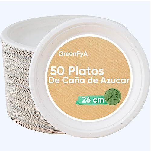 GreenFyA Platos Desechables de Caña de Azúcar Resistentes, 100% Biodegradables (50, 26cm.)