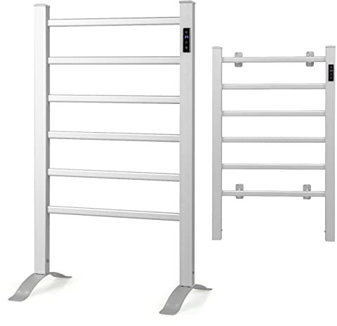 COSTWAY Scaldasalviette Riscaldato, con 6 Barre Riscaldate e Timer, Scaldasalviette Elettrico con Display LED Protezione Contro Surriscaldamento e Costante della Temperatura, in Alluminio