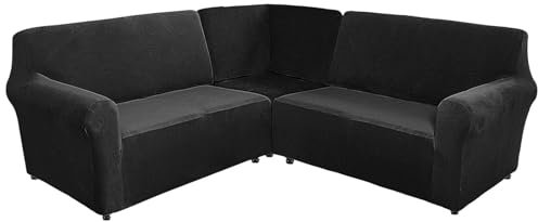 CLGTY 3 Stücke Sofabezug Ecksofa, Samt Bezug Für Ecksofas L-Form Weich Sofahusse Für Wohnzimmer-Schwarz-7 Sitzer