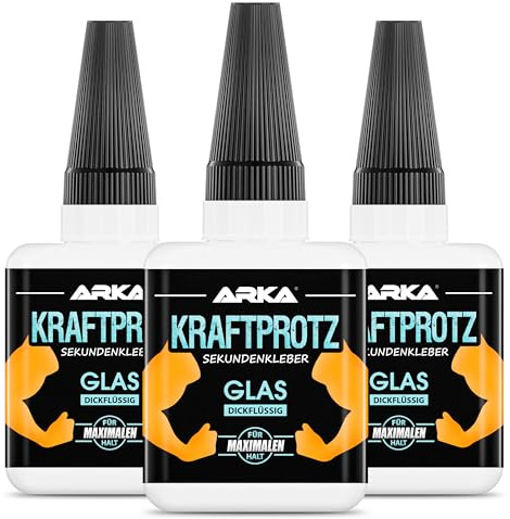ARKA 3x 50 g GLAS Sekundenkleber extra stark | Inkl. Anti-Austrocknung-Spitze | KRAFTPROTZ | Dickflüssiger Superkleber | Wasserfest | Transparenter Glaskleber