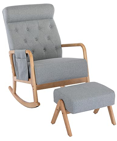 SUPPNEED Schaukelstuhl mit Ottomane, Schaukelstuhl für Kinderzimmer, gepolsterter Stoff Schaukelsessel Indoor mit hoher Rückenlehne für Wohnzimmer(Hellgrau)