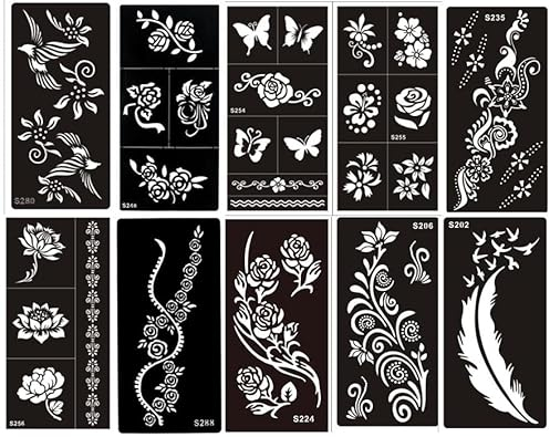 10 Foglie Fiori Farfalla Uccello Tatuaggio Stencil Modello di tatuaggio per corpo e pittura a mano Flowers10