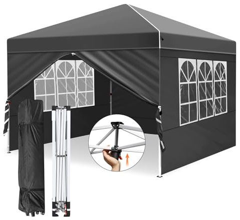 Leadyeah Pop Up Gazebo 2.5mx2.5m with sides, One-Person Push Setup Gazebo with Central Lock System, Included 4 Sidewalls & Wheeled Storage Bag, Ideal for Beach, Camping, Outdoor Party, Sports Black