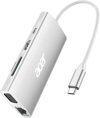 Acer USB C Hub with 4K@30Hz HDMI, 9-in-1 USBC to Ethernet Adapter, 5Gbps USB-A Docking Station, PD 100W Charging, SD Card Reader, VGA Splitter for MacBook, Acer, Laptops, Surface (Silver)