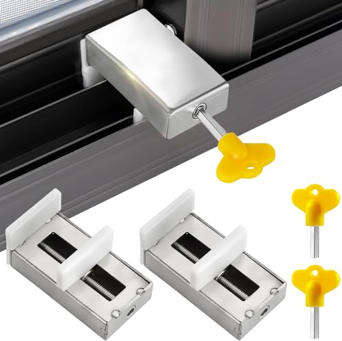 Lot de 2 verrous de fenêtre coulissants, verrous de fenêtre réglables, sécurité enfant, serrure de fenêtre, butée de fenêtre, en alliage d'aluminium, serrure de sécurité avec clé