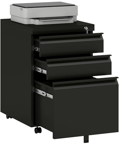 Vinsetto 3-Drawer Filing Cabinet, Mobile Metal File Cabinet with Lock and 5 Wheels for A4/Legal/Letter Sized Hanging File Folders, Under Desk Drawers, Pre-Assembled Body, 39 x 48 x 60 cm, Black