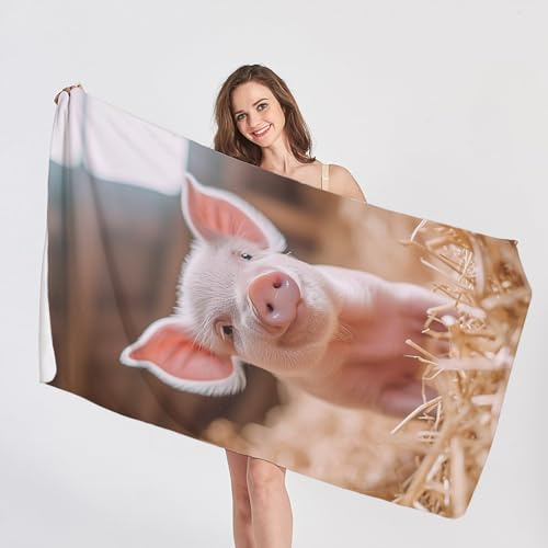 QEODAH Strandtuch Schwein - Badetuch Bauernhoftiere - Schnelltrocknend & Ultraleicht & Sandfreie Strandhandtuch, Weich Mikrofaser Handtuch, Badetücher 100x150, Pflegeleicht Handtücher