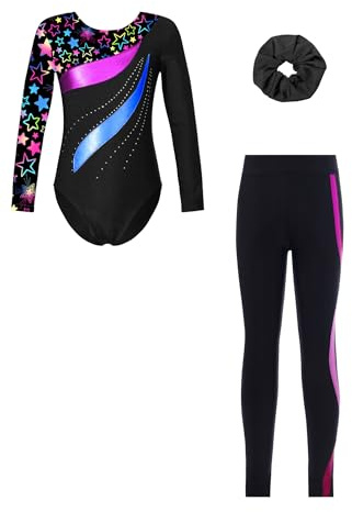 inhzoy Mädchen Turnanzug Langarm Mit Hose Lang Kurz Beduckte Gymnastik Body Leggings Haargummi Kinder Wettkampf Tanzkleidung Set