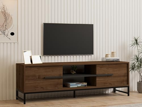 Hanah Home Stylish Walnut TV Stand, 160 cm x 50 cm x 40 cm | 100% Melamine Coated Particle Board, 18 mm Thick | Wall-Mountable, Multiple Shelves, Extra Storage