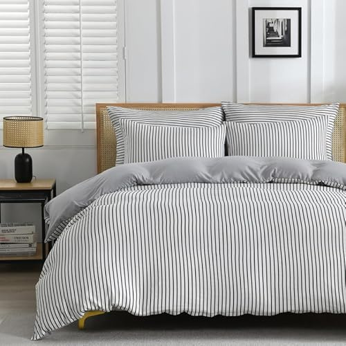 Gezu Housse de Couette 220x240cm Rayures Gris Parure de Lit 220x240cm 100% Doux Réversible Ensemble Modern Respirant pour la Peau Literie 2 Personnes avec Fermeture Éclair et 2 Taie d'oreiller 65x65