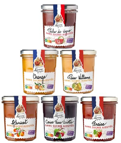 Lucien Georgelin Préparation de fruits Sans Sucre Ajoutés Panaché 6x320g | Abricot, Cerise noire, Fraise, Orange, Poire, Pêche de vigne