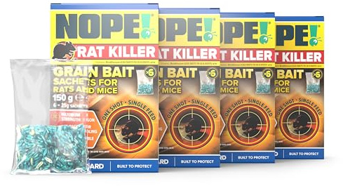 NOPE! Rat Poisoning Super Strength 4 x 150g | Rat & Mouse Killer Grain Bait, Single Feed, Quick-Acting for Indoor & Outdoor in All Weather