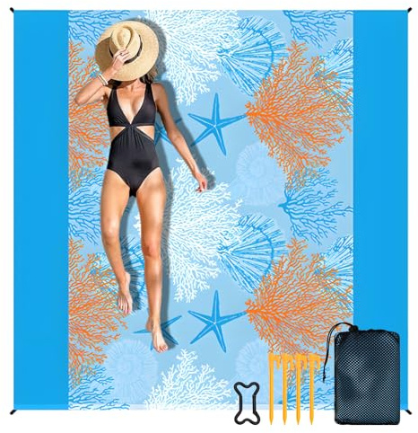 WEFHEF Coperta da Spiaggia Impermeabile da 200 x 200 cm, Stuoia Spiaggia con 4 Picchetti, Tappetino da Mare Grande, Telo Antisabbia per Giardino, Campeggio, Viaggi (Modello di Corallo)