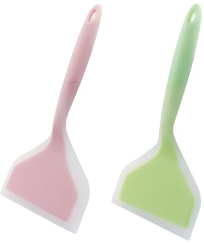 Hitefu 2 Pcs Silicone Spatula Turner, Wide Pancake Flipper, Tamagoyaki Shovel, BPA Free Non-Stick Egg Flipper for Omelette, Pizza, Steak & Fish (Green & Pink)