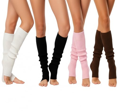 KxrTpx Leg Warmers Ladies, 4 Pairs Knitted Leg Warmers for Women, White Black Coffee Pink, 80s Dance Yoga Fitness Fashion Accessories, Winter Warmth Muscle Protection