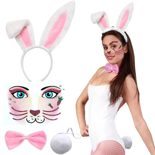 AEYAKA Déguisement de Lapin Accessoires de Costume de Animal Oreilles de Lapin Collier en Peluche Oreilles et Serre-tête Carnaval Cosplay Costume Fête