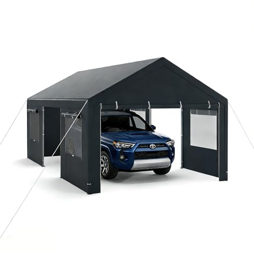 SOARS Carpot Abri Voiture, Tente Garage, Abri Voiture Extérieur avec Cadre en Métal et Couverture PE Résistante aux intempéries, pour Fête, Voiture, Vélo, Moto, Outils (Gris,363 x 600 x 295 cm)