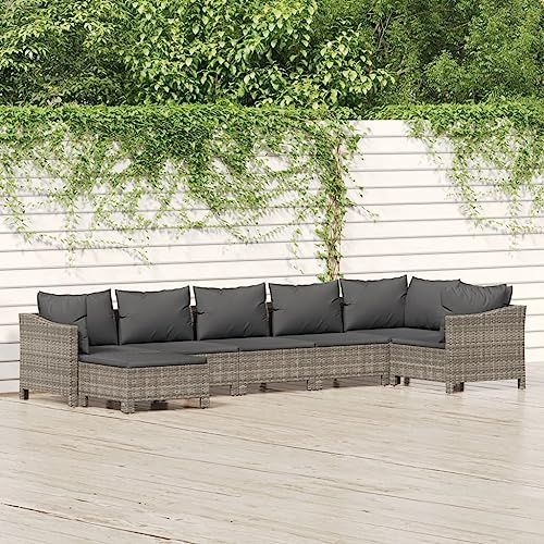 RMIHSJG Salon de jardin 7 pièces avec coussins gris en rotin synthétique résistant aux intempéries et cadre en acier pour terrasse, design modulaire pour groupe de sièges flexible, rembourrage