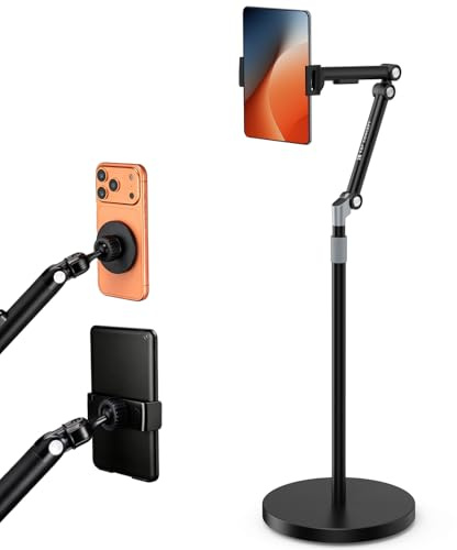 K&F CONCEPT Floor Tablet Stand and Phone Holder with 2.89kg Weighted Base | Includes Magnetic Head, Tablet & Phone Clamps, 1.6m Adjustable Lazy Arm for Bed Sofa, Compatible with iPad, iPhone - PFS01