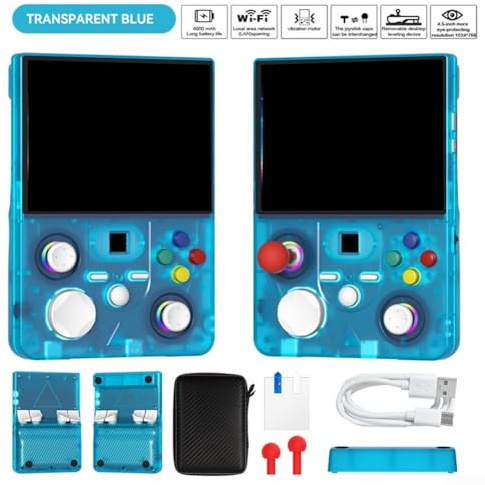 Console retrò portatile che supporta oltre 18000 titoli classici schermo IPS HD da 4,5 pollici 30+ emulatori TF card fino a 64 GB e batteria 4000 mAh (blu trasparente)