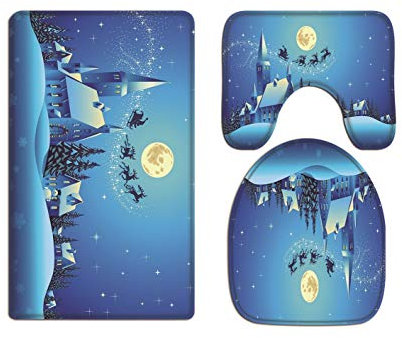 A.Monamour Badezimmer Badematte 3 Teilig Set Kirche Und Häuser Weihnachten Verschneite Nacht Rentier Santa Claus Silhouette Blauen Hintergründen Flanell Badteppiche Badvorleger Badgarnitur WC Vorleger