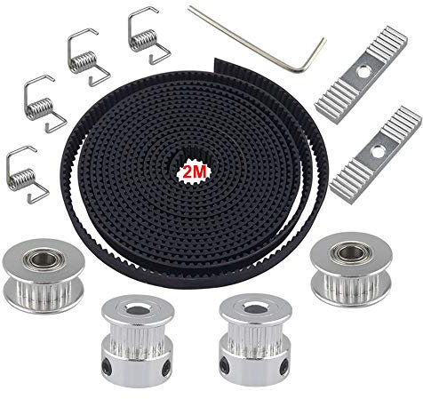 QitinDasen 2m GT2 Zahnriemen 2mm Pitch 6mm Breite, mit 2Pcs Zahnriemenscheibe und 2Pcs Idler 20 Zähne 5mm Bohrung, 4Pcs Spanner Torsionsfeder, 2Pcs Zahnriemen Klemmen, 2mm Allen Wrench
