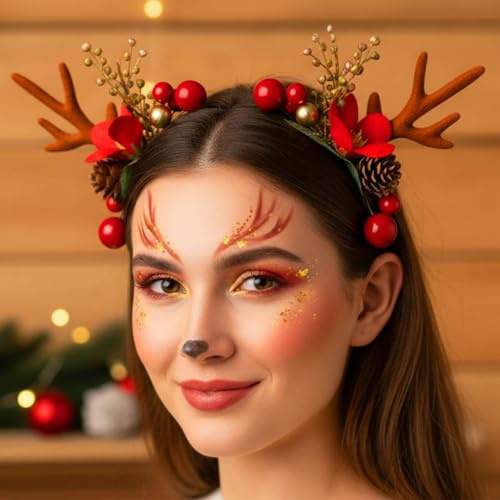 Unicra Stirnband für Weihnachten, mit Blumen-Geweih, Elch, Hirsch, Tierhörner, Kopfbedeckung, Haarteil, Halloween-Haarschmuck für Frauen und Mädchen (09)