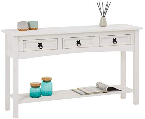 CARO-Möbel Konsolentisch Rural im Mexiko Stil Beistelltisch Kiefer massiv mit 3 Schubladen, 1 Ablageboden weiß lackiert