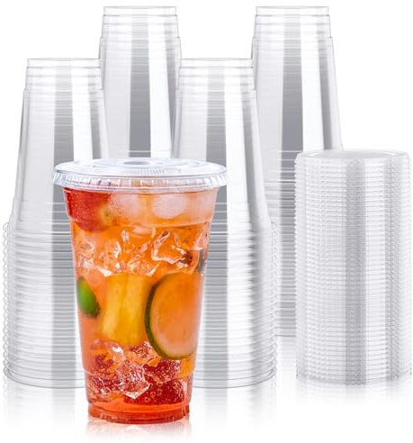 Lilymicky 60 Sets 24 oz Clear Plastic Cups With Flat Lids, 24 Ounce Disposable Drinking Cups With Lids for Ice Coffee, Smoothie, Slurpee, or Any Cold Drinks