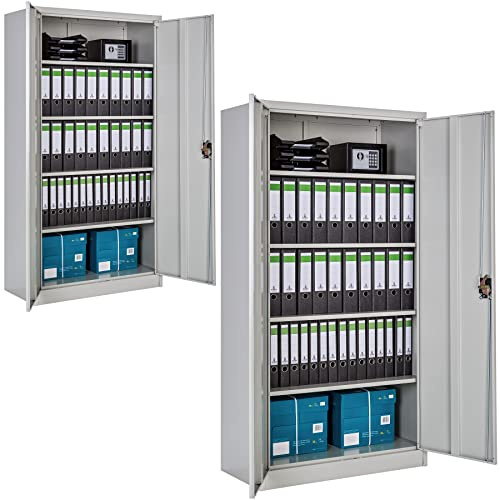 tectake® Lot de 2 Armoire de Bureau métallique 180x90x40 cm avec Serrure Rangement Bureau avec 5 Compartiments pour Classeur Rangement Documents Industriel Meuble 2 Portes, 4 Étagères Réglables