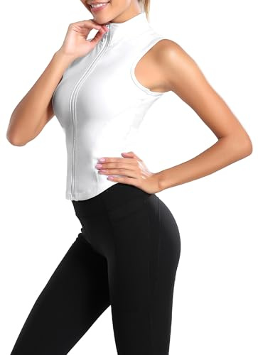 FEOYA Débardeur de Sport pour Femme Top Yoga Sans Manche Moulant Élastique Fitness Gym Course à Pied Gilet Zippé Été Col Montant Couleur Unie Blanc S