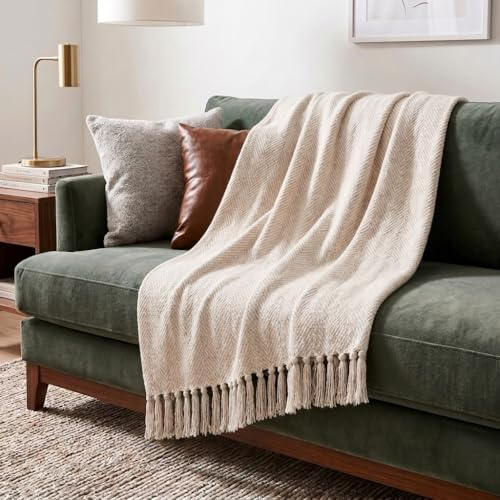 Americanflat 50x60 Throw Blanket - Soft and Breathable Cotton Throw Blanket for Couch, Bed, Chair - Decorative Blankets Perfect for Home, Office, or Outdoor Use - Cream and Beige Zig Zag Design