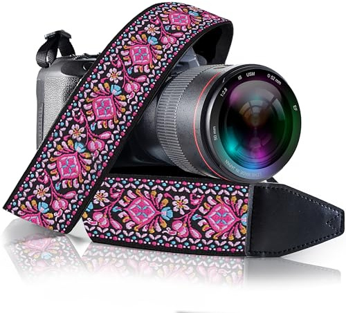 Camera Strap for All DSLR and Mirrorless Cameras Including Binoculars. Neck , Shoulder & Crossbody Camera Strap Pink Woven Vintage BOHO Pattern Vegan Leather. Best Gift for Men & Women Photographers