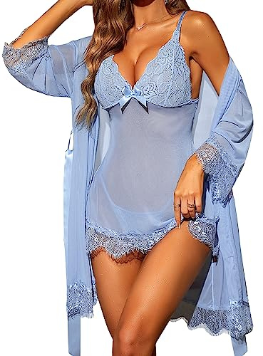 RSLOVE Lingerie Donna Sexy Babydoll in Pizzo Camicia da Notte Set di Pigiama Completo Intimi Vestaglia A Rete Blu Chiaro XXL