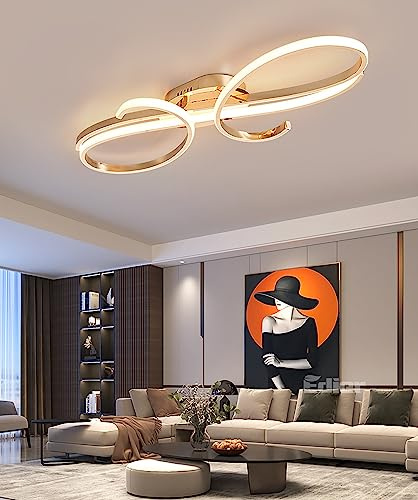 Hsyyz LED Deckenleuchte Dimmbar für Esstisch, Wohnzimmer, Schlafzimmer, Küche, Büro - Metall Designleuchte mit Fernbedienung (Gold, L80cm/60W)