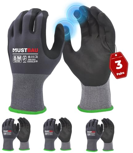 Mustbau 3 Paires Gants de Travail à Écran Tactile, Gants Nitrile Résistants à l'Abrasion, Excellente Préhension Convient pour Jardinage, Mécanique, Chantier (Gris,M)