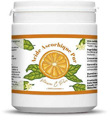 Kala Health - Vitamine C Pure 500 g - Poudre de vitamine C - Acide ascorbique pur - Fourniture de 500 jours x 1000 mg dosage élevé - Avec cuillère-doseuse - Végétalien - Qualité premium
