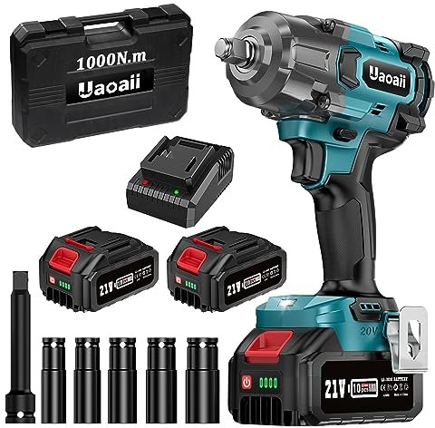 Uaoaii 1000Nm(738ft-lbs) Cordless Impact Wrench High Torque, 1/2 Power Battery Impact Gun w/ 2X 4.0Ah Battery, Fast Charger, 5 Sockets, Storage Tool Box & Variable Speeds for Car Tire Truck RV Mower