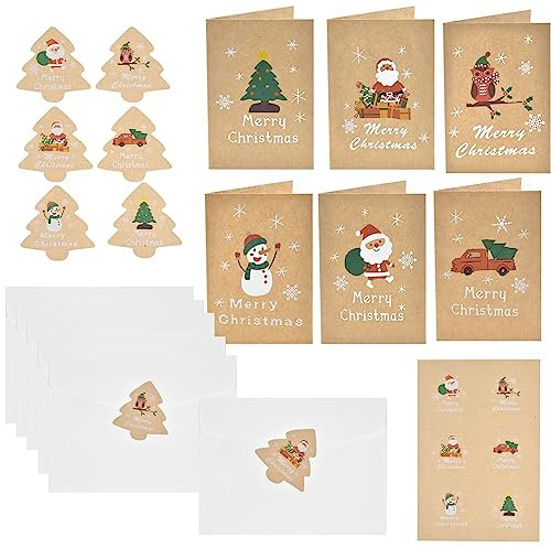 Jinlaili 24Stk Weihnachtskarten mit Umschlägen und Aufkleber, Weihnachten Grußkarten, Weihnachts Kraftpapier Klappkarten, Weihnachtsmann Geschenkkarten, Blanko Grußkarten für Weihnacht Party Einladung