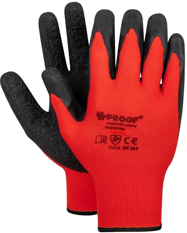 PROOF COMFORT & SAFETY - Gants en polyester REDWORK avec revêtement en latex rugueux noir et rouge, 12 paire en taille 10, de protection de travail pour les mécaniciens
