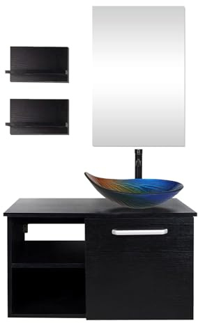 YU YUSING Ensemble de Meubles de Salle de Bain avec Lavabo et Miroir, Meuble de Salle de Bain avec Lavabo, Armoire Miroir, 2 Étagères Murales, Ensemble de robinets, Multicolore