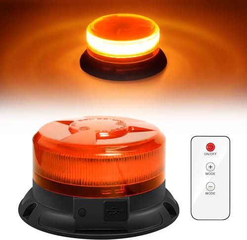 Dinfu LED Warning Light Wireless with Remote Control, 12V Yellow Battery Flashing Beacon Magnet 9 Modes Flashing with car Charging Cable and USB Cable for car Truck Tractor Golf cart SUV