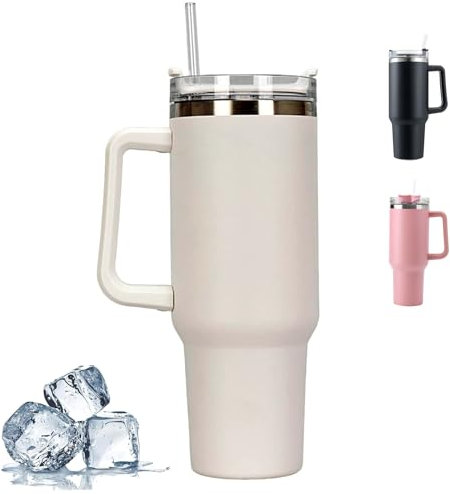 CLHXWU 1200ml Thermobecher mit Strohhalm und Henkel,40oz Kaffeebecher to Go,Tragbare Autobecher Becher,Doppelwandiger Edelstahl Vakuum Isolierbecher Für Heißer und Kalter Getränke (Weiß)