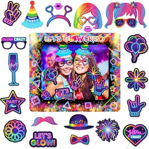 26Pcs Ensemble de Cadres Photo Brillants avec Accessoires de Photo pour Selfie,Accessoires photobooth de fête néon Lueur,Accessoire Disco Photo pour Carnaval Mascarade Bal Disco Lueur Party Décor