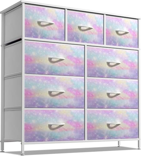 Sorbus Dresser with 9 Drawers - Furniture Storage Chest for Kid’s, Teens, Bedroom, Nursery, Playroom, Clothes, Toys - Steel Frame, Wood Top, Fabric Bins (Tie-dye)