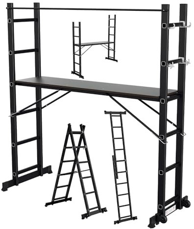 Gimisgu Ponteggi multifunzione 4 in 1 in alluminio, scala mobile con piattaforma e 2 ruote, portata massima: 150 kg