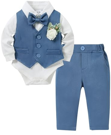 SOLOYEE Baby Boys Formal Suit, Infant Gentleman Wedding Outfit Newborn Bodysuit + Pants + Waistcoat + Bow Tie + Corsage Christening Clothes 5Pcs Set (Blue, 0-3 Months)