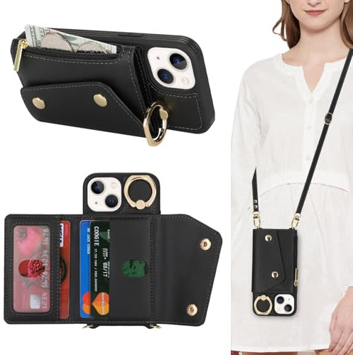 Lipvina Coque pour iPhone 13 Mini avec Cordon Porte Carte Coque iPhone 13 Mini zippé Portefeuille Femme Telephone Portable Réglable Collier Housse Étui avec Anneau pour Femmes - Noir